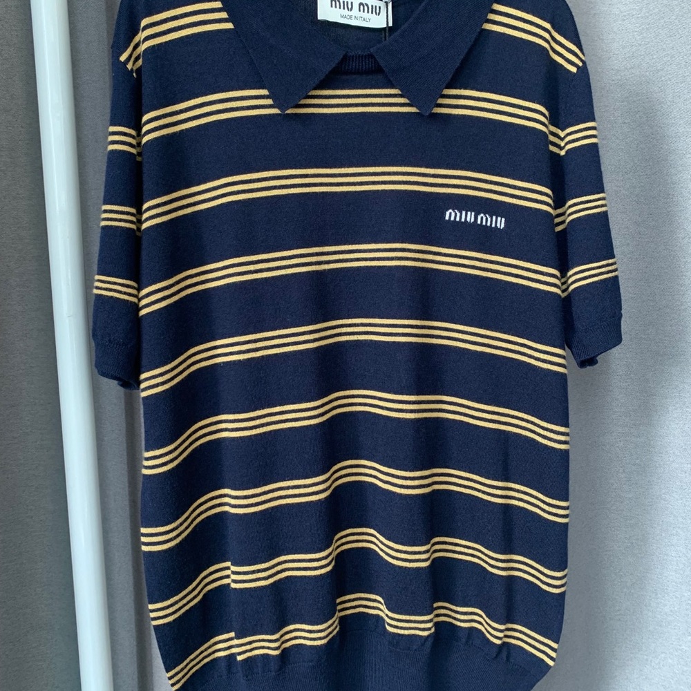 Miu Miu Navy and Yellow Striped Polo Knit Top with Pointed Collar